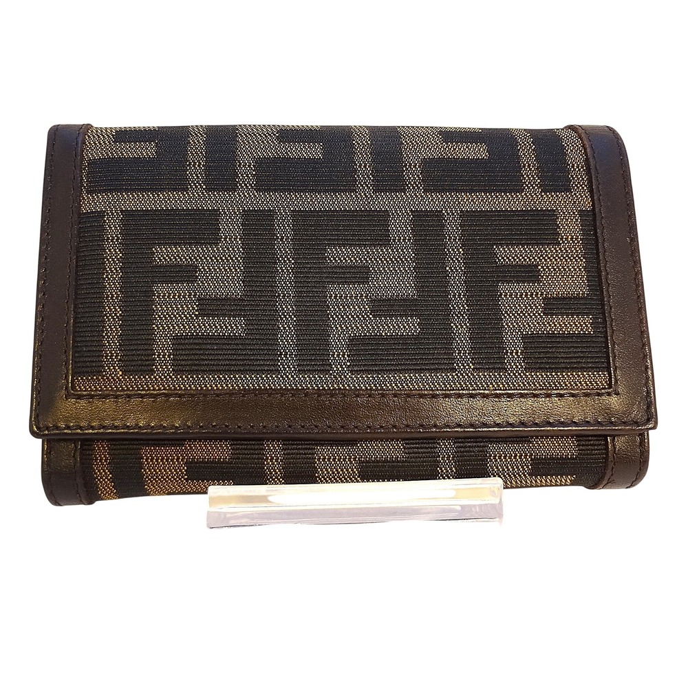 Fendi Zucca Compact Wallet Brown Canvas Leather Trim Bi Fold - Picture 1 of 9